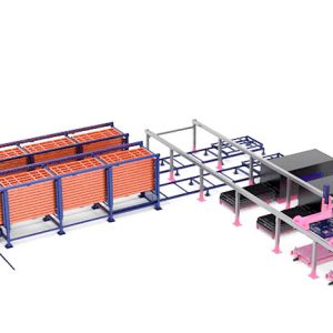Twin-Tower, Four-Aisle Metal Plate Storage and Side-Discharge Rack System with Dual-Beam Manipulator