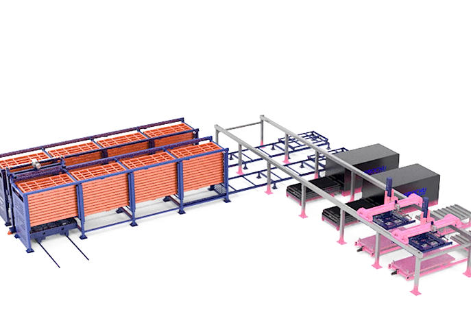 Twin-Tower, Four-Aisle Metal Plate Storage and Side-Discharge Rack System with Dual-Beam Manipulator