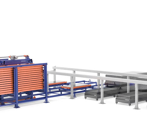 Twin-Tower, Four-Aisle Metal Plate Storage and Side-Discharge Rack System with Dual-Beam Manipulator