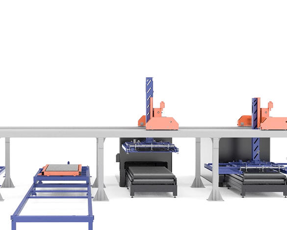 Twin-Tower, Four-Aisle Metal Plate Storage and Side-Discharge Rack System with Dual-Beam Manipulator